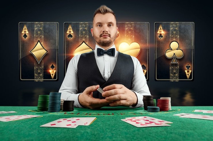 Blackjack table dealer with cards and player positions